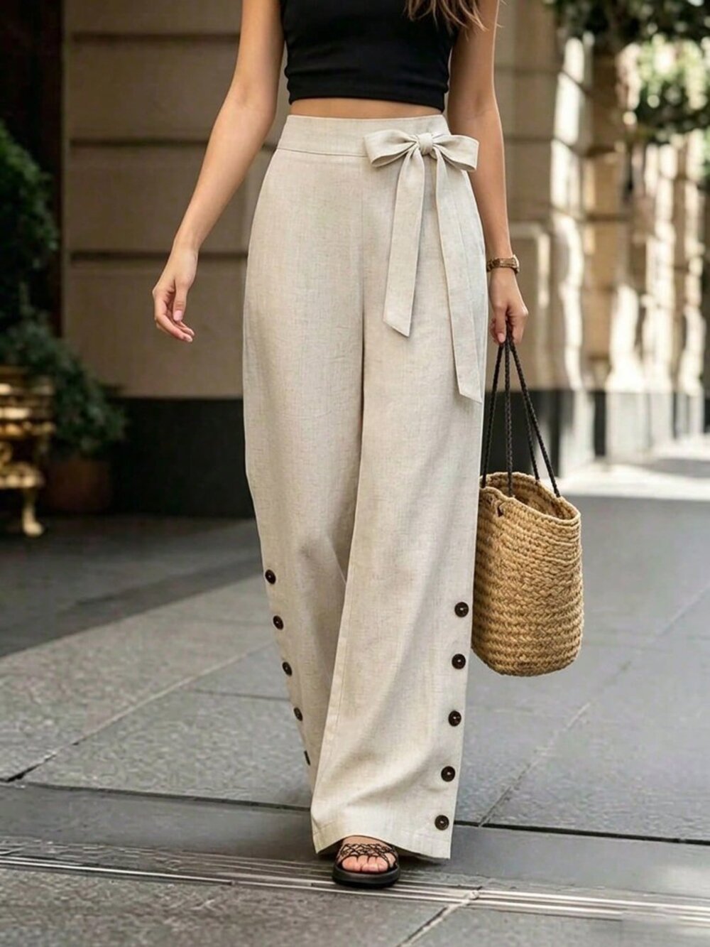Grey Casual Women's Side Button Bow Drape Straight Leg Pants